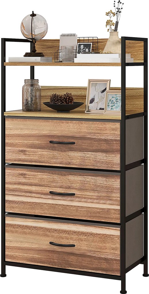 Móvel de arrumação de estilo industrial, com 3 gavetas tecido e 2 prateleiras - 60 x 29 x 101 cm - MDF e metal natural, preto