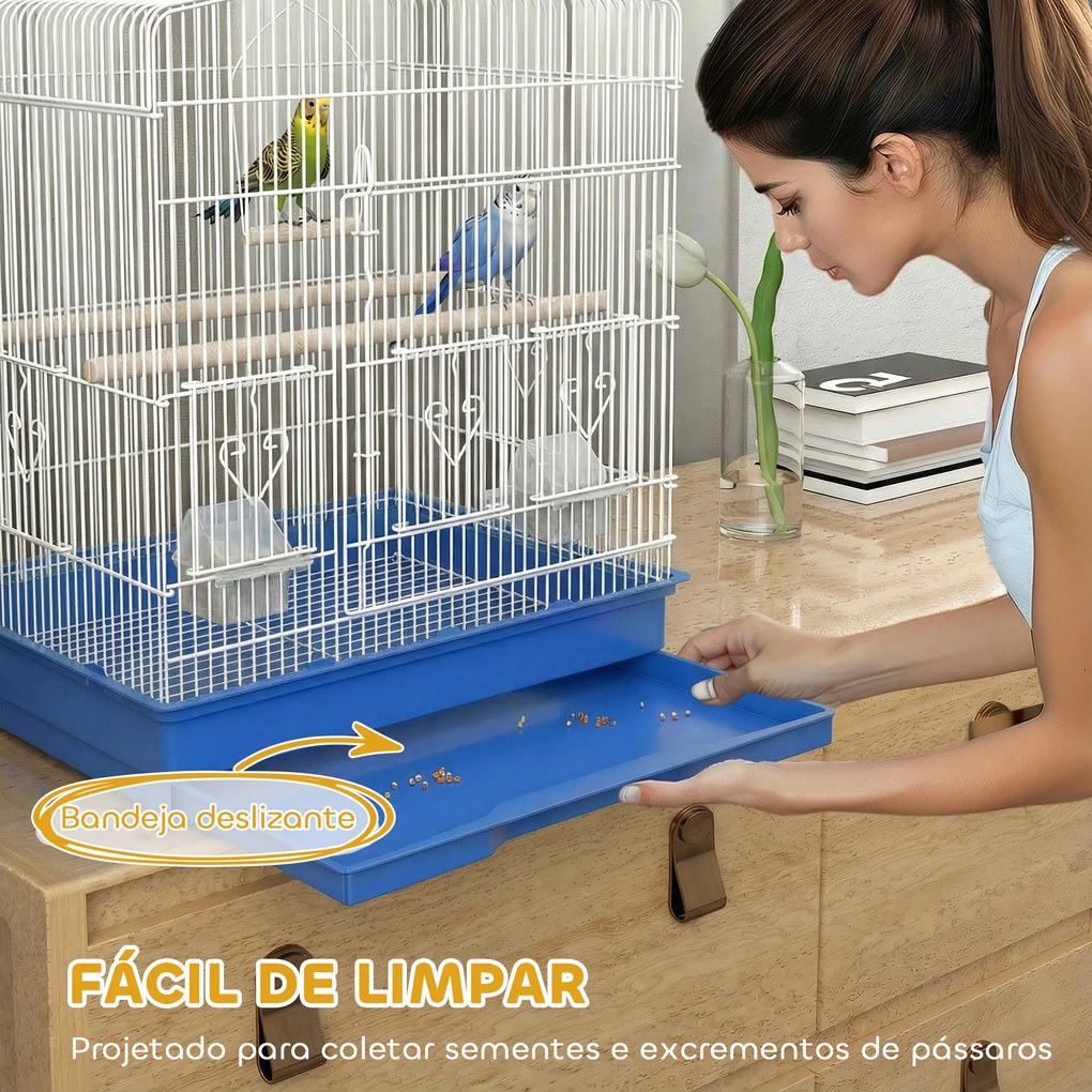 Gaiola para Pássaros Gaiola de Aço com 2 Recipientes 2 Poleiros Baloiço e Bandeja Removível Pega 46,5x36x59 cm Azul