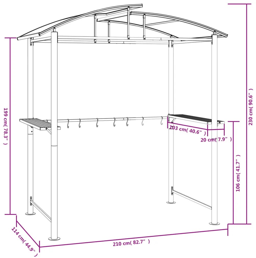 Gazebo churrasco prateleiras laterais 210x114x230 aço antracite