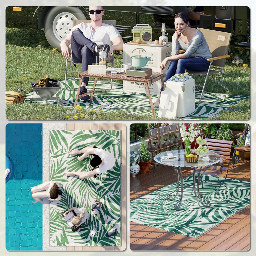 Tapete de Exterior 152x243 cm Reversível com Padrão de Folhas para Varanda Pátio Campismo Praia Verde Escuro e Branco