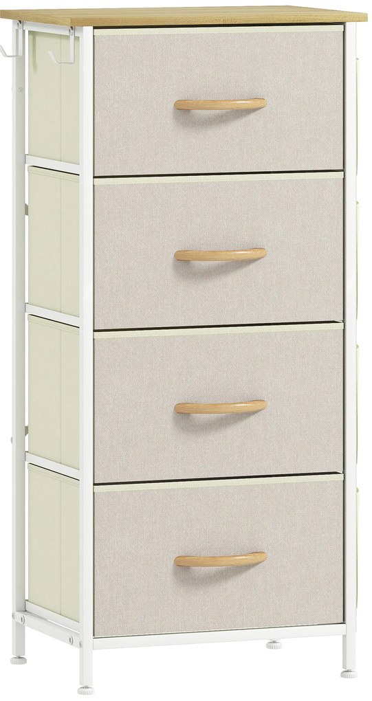 HOMCOM Cómoda Alta de Tecido com 4 Gavetas 4 Bolsos Laterais 2 Ganchos e Estrutura de Aço 45x30x94,5 cm Bege | Aosom Portugal