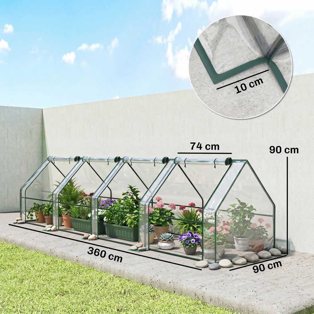 Mini-estufa de jardim em túnel 360 x 90 x 90 cm com 4 janelas com fecho de correr, aço, PE 140 g/m², proteção anti-UV, transparente