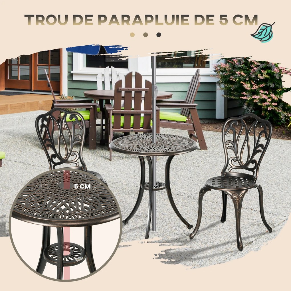 Conjunto de jardim de 2 lugares com 2 cadeiras + mesa redonda em estilo retro, em alumínio fundido e bronze