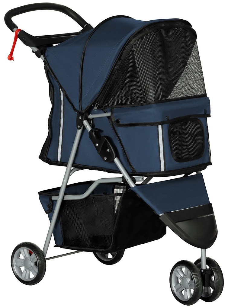 PawHut Carrinho para Animais de Estimação Dobrável com Rodas Giratórias Cesto e Suporte para Copos 75x45x97 cm Azul Escuro | Aosom Portugal