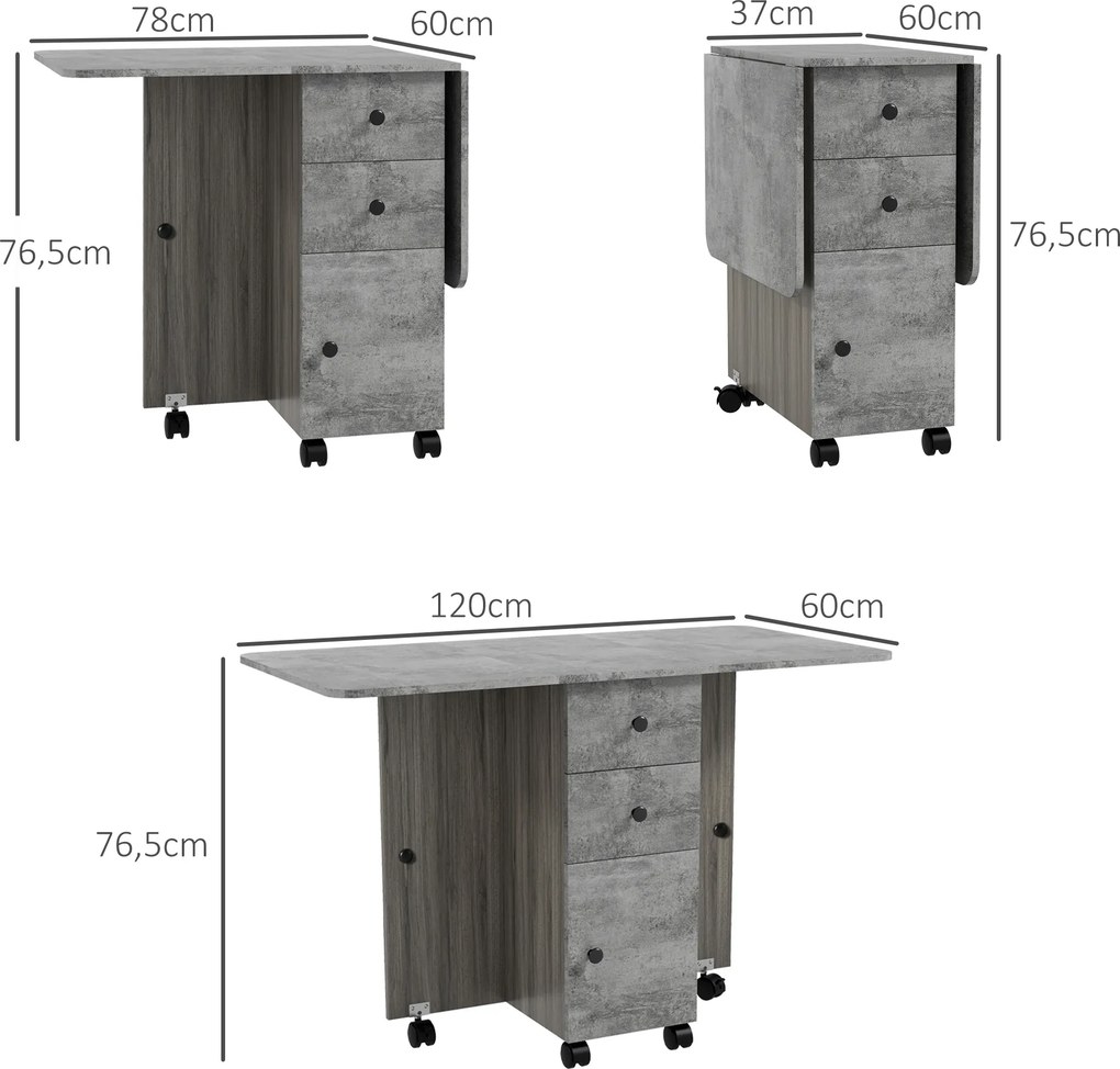 Mesa de Refeição Dobrável com Rodas 120x60x76,5 cm com 2 Gavetas e Armário Mesa Auxiliar Multifuncional Cinza