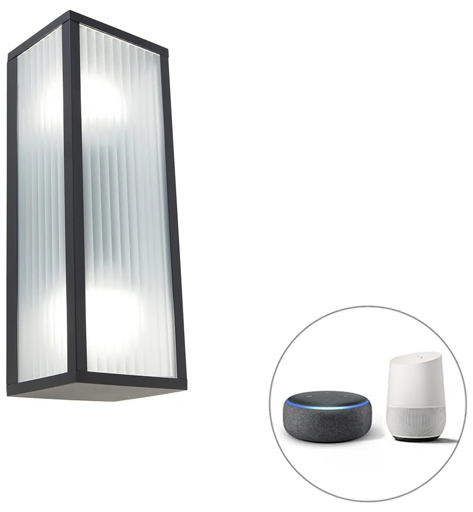 LED Candeeiro de parede exterior inteligente preto com vidro canelado incl. 2 Wifi A60 - Charlois Moderno