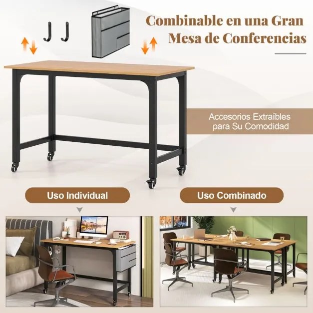 Secretária 120 x 60 x 75 cm com Rodas com Bolsa e Ganchos para Auscultadores Compacta Estrutura Metálica Natural