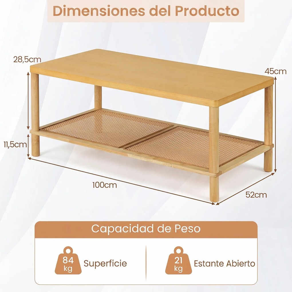 Mesa de Centro retangular, 100 x 52 x 45 cm, Dois Níveis de Arrumação, Natural