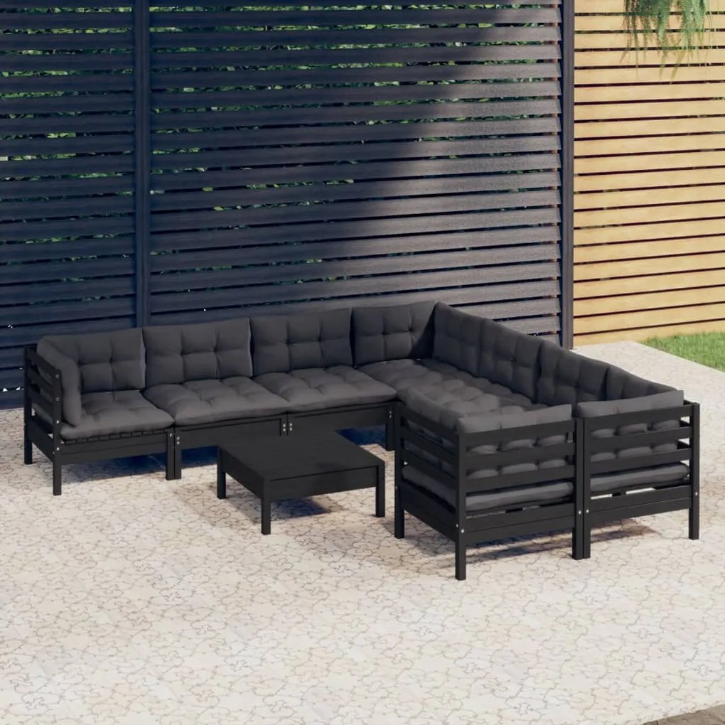 vidaXL 9 pcs conjunto lounge de jardim c/ almofadões pinho preto