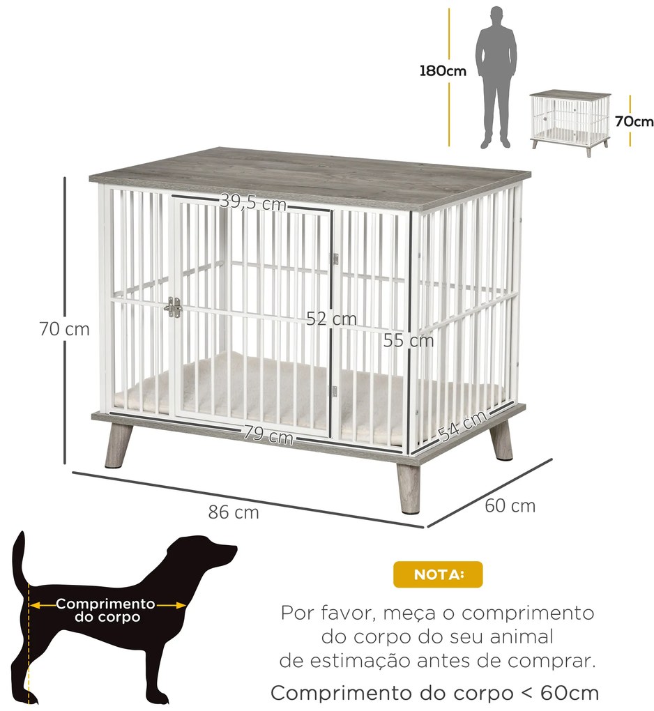 Gaiola para Cães de Madeira 86x60x70cm Gaiola para Cães com Bancada de Armazenamento Porta com Trave Pés Elevados Grade de Aço Branca
