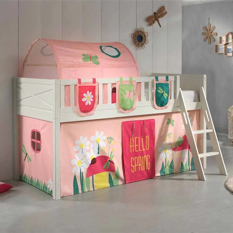 Conjunto cama alta Infantil SCOTT + cortina de brincar SPRING + Túnel + 3 bolsos de arrumação Branca