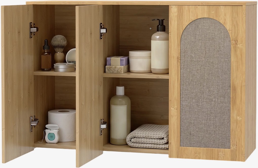 Armário de parede para casa de banho de estilo boémio 88,5 (L) x 30 (P) x 60 (A) cm com 3 portas com efeito de vime e fecho suave e prateleira ajustáv