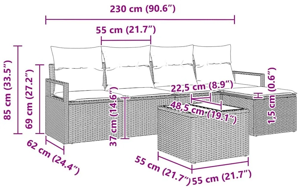 Conjunto de Sofás de Jardim com 6 Peças e Almofadas de Rattan Poliéste