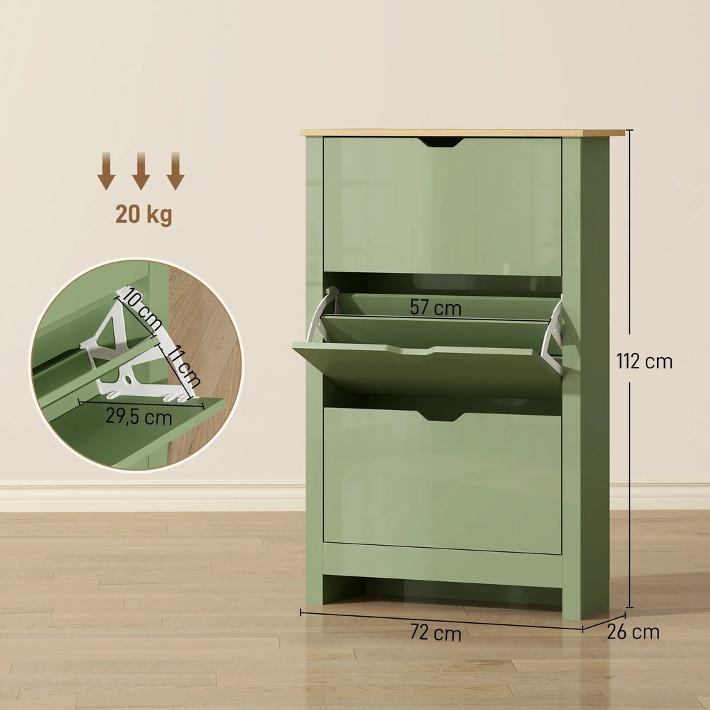 Sapateira, 72 x 26 x 112 cm, 3 Gavetas Basculantes, Verde