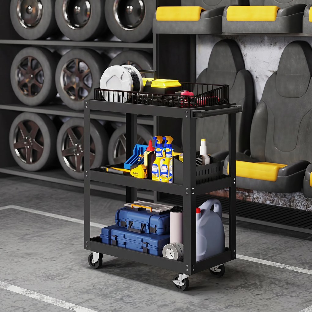 Carrinho de oficina com 3 prateleiras 70,5 x 35 x 82,5 cm, pega lateral e rodas bloqueáveis, preto