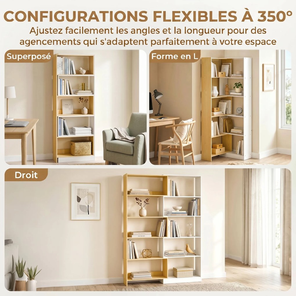 Estante de canto giratória a 350°, com 5 prateleiras, prateleira de arrumação extensível em forma de L, 60-111 x 24 x 164 cm, cor carvalho, branco