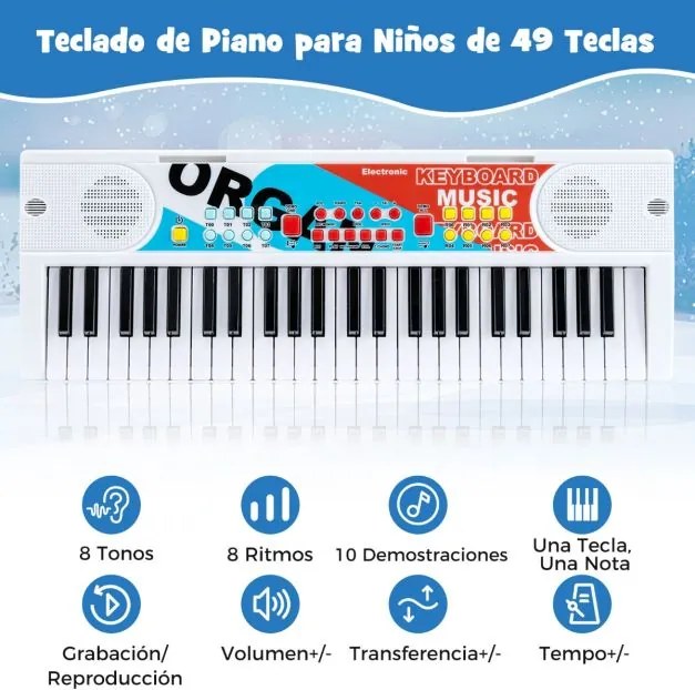 Teclado de piano para crianças elétrico portátil de 49 teclas com 8 ritmos, 8 tons e 10 demonstrações Instrumento musical branco