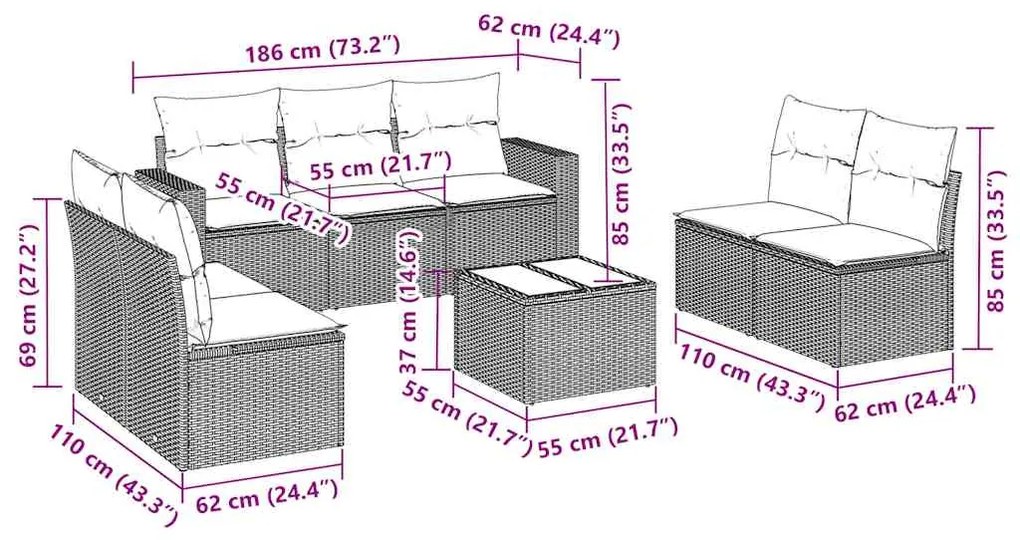 8 pcs conjunto sofás de jardim com almofadões vime PE preto