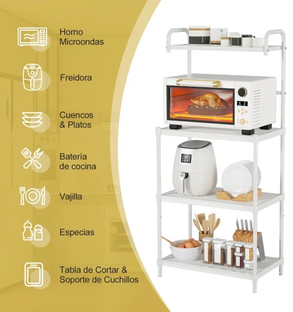 Armário de cozinha de 4 níveis, estrutura metálica, suporte para micro-ondas, prateleira independente 60 x 34 x 136 cm branco