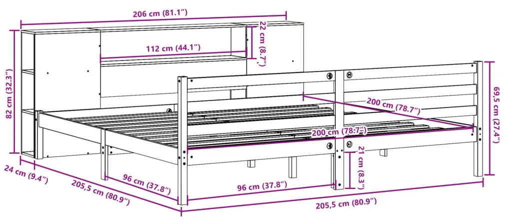 Cama com estante sem colchão 200x200 cm pinho maciço
