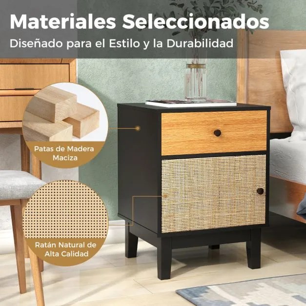 Mesa de cabeceira, Mesa de apoio de rattan moderna 40 x 39 x 55 cm com gaveta estilo Boho com pernas de madeira maciça Preto e Castanho