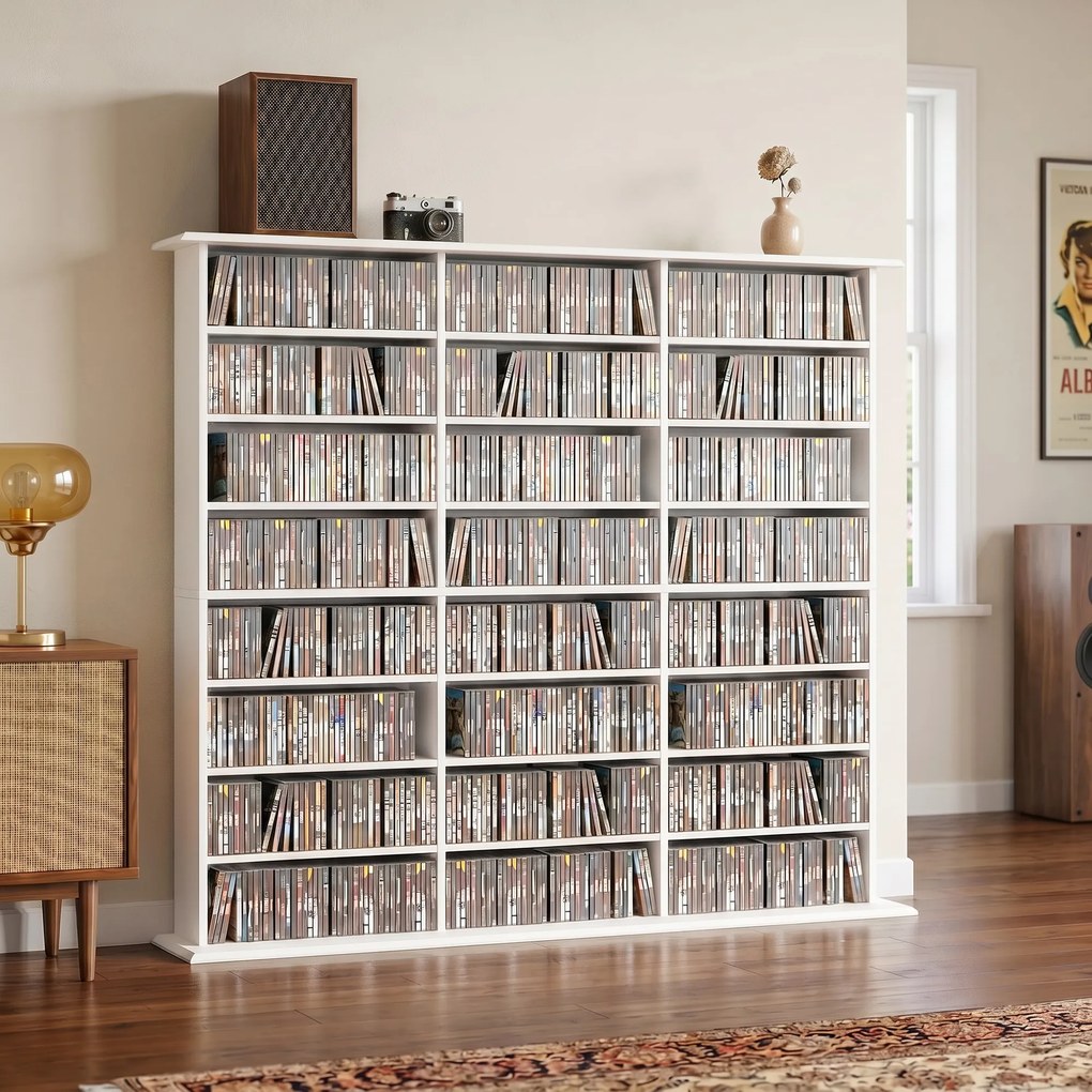 Móvel de arrumação 145 (L) x 24 (P) x 126,3 (A) cm para 1032 CDs / 594 DVDs, estante multimédia, 24 compartimentos e 18 prateleiras ajustáveis, branco