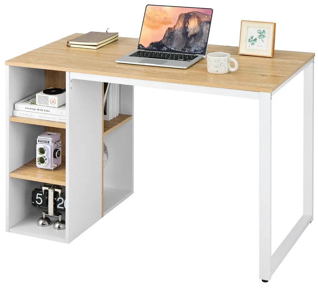 Secretária com 5 Estantes de computador com estrutura metálica 115 x 59,5 x 75 cm Natural e branco