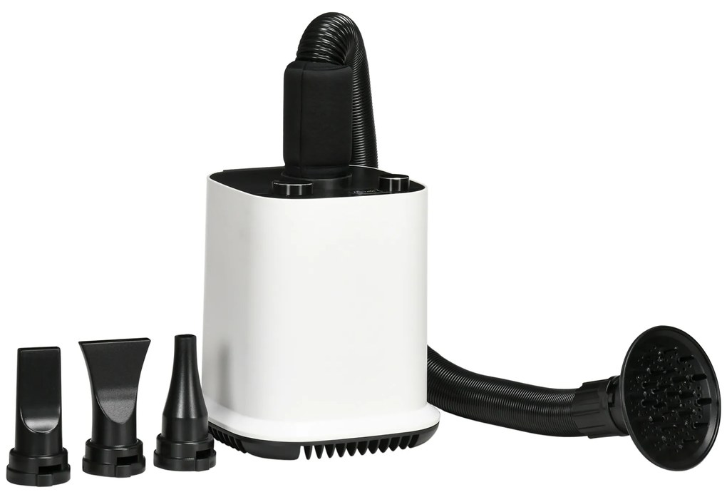 PawHut Secador de Pelo para Cães 2000W com Temperatura Ajustável Velocidade Continua Mangueira 1,2m 4 Bicos 23x23x26,5cm Branco | Aosom Portugal