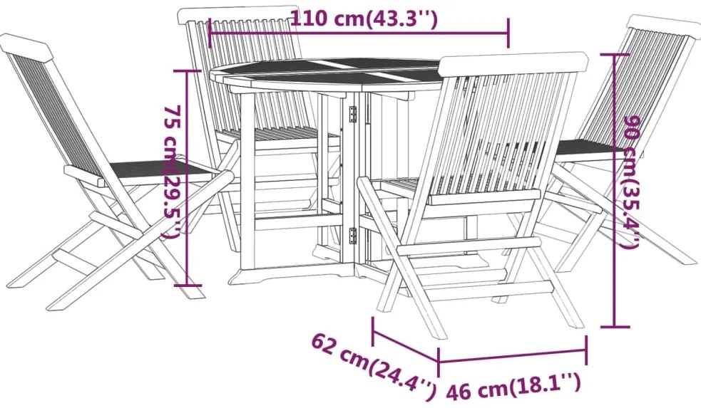 5 pcs conjunto jantar dobrável p/ exterior madeira teca maciça