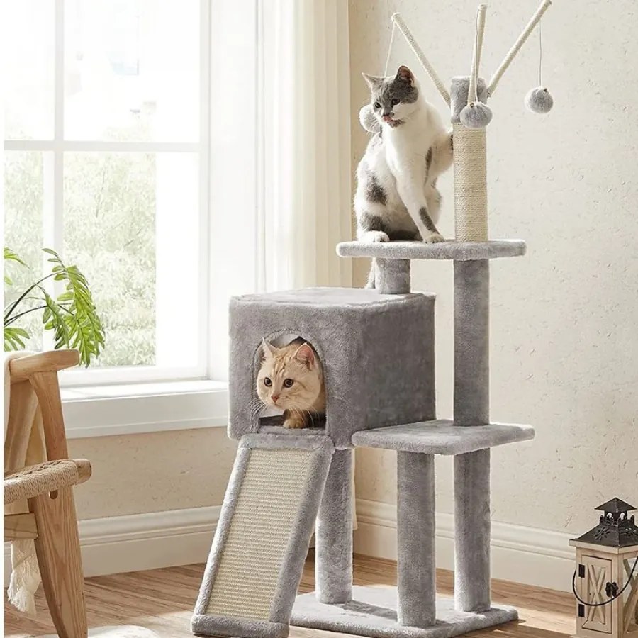 Arranhador para gatos com vários níveis, árvore para gatos com caverna 42 x 32 x 118 cm cinza claro