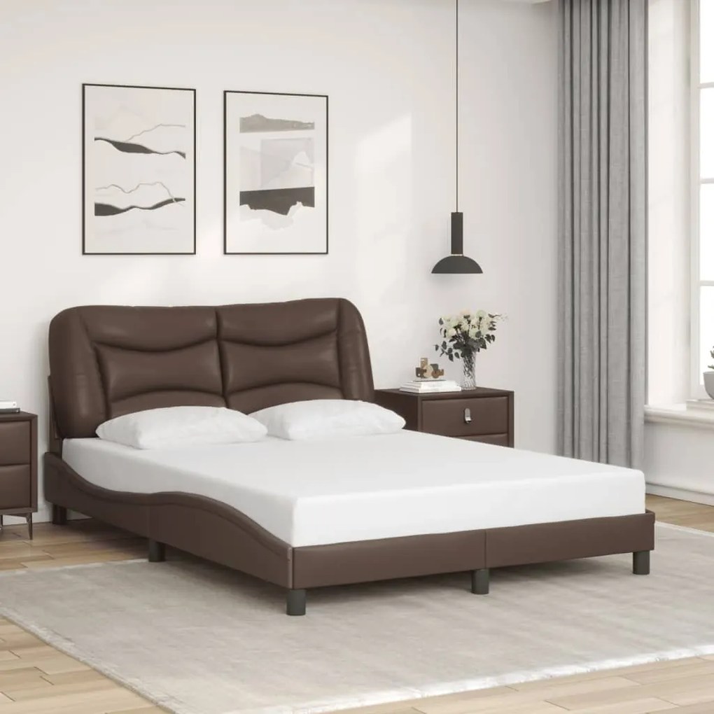 Estrutura cama c/ luzes LED 140x200cm couro artificial castanho