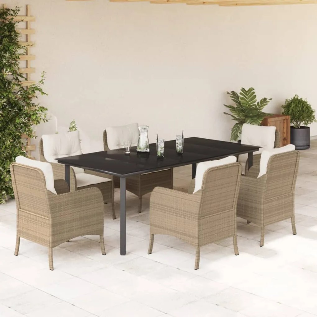 7 pcs conjunto de jantar p/ jardim com almofadões vime PE bege