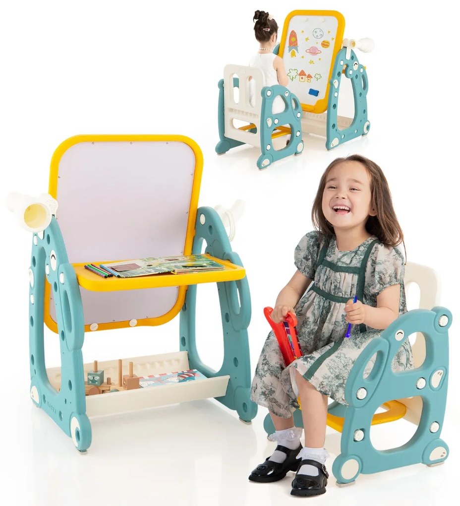 Conjunto de mesa e cadeira para crianças com quadro branco ajustável de 3 níveis Telescópio Telescópio Cesto de arrumação Marcadores Marcadores Anéis