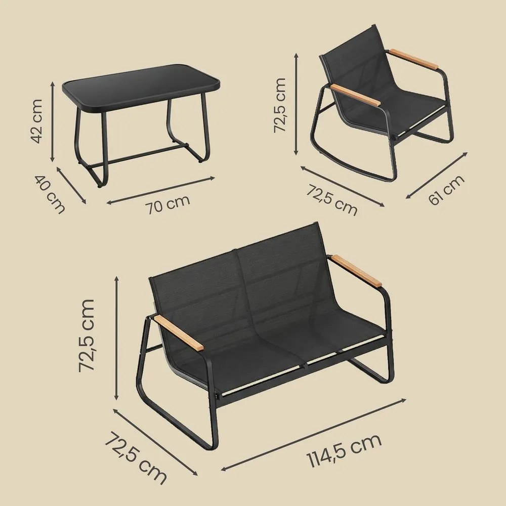 Conjunto de jardim com 2 cadeiras de baloiço com mesa e banco Preto