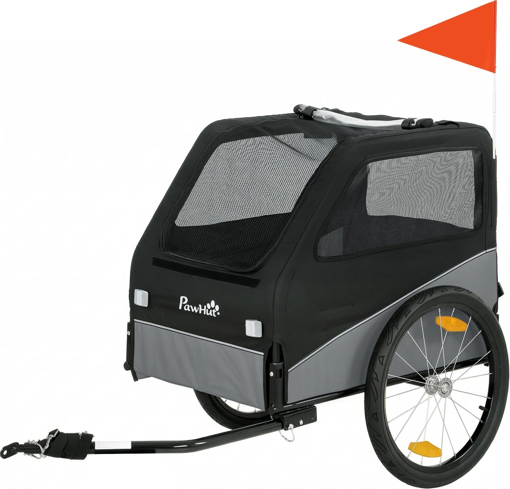 PawHut Reboque de Bicicleta para Cães com Pneus de 50,8 cm, Engate Universal, Refletores, Bandeira, Trela, 139x72x88cm, Cinza e Preto | Aosom Portugal