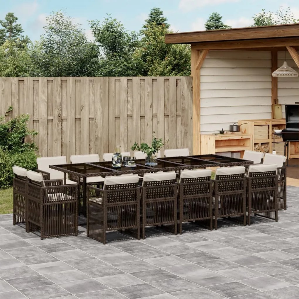 vidaXL 15 pcs conjunto jantar p/ jardim c/ almofadões vime PE castanho