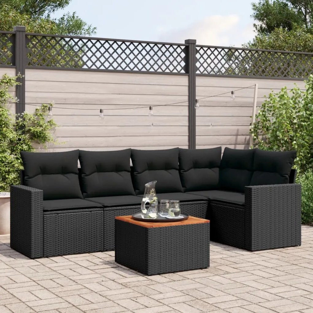 6 pcs conjunto sofás de jardim c/ almofadões vime PE preto