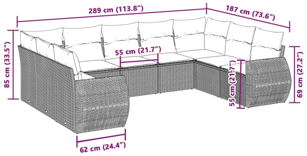 9 pcs conj. sofás jardim com almofadões vime PE cinzento-claro