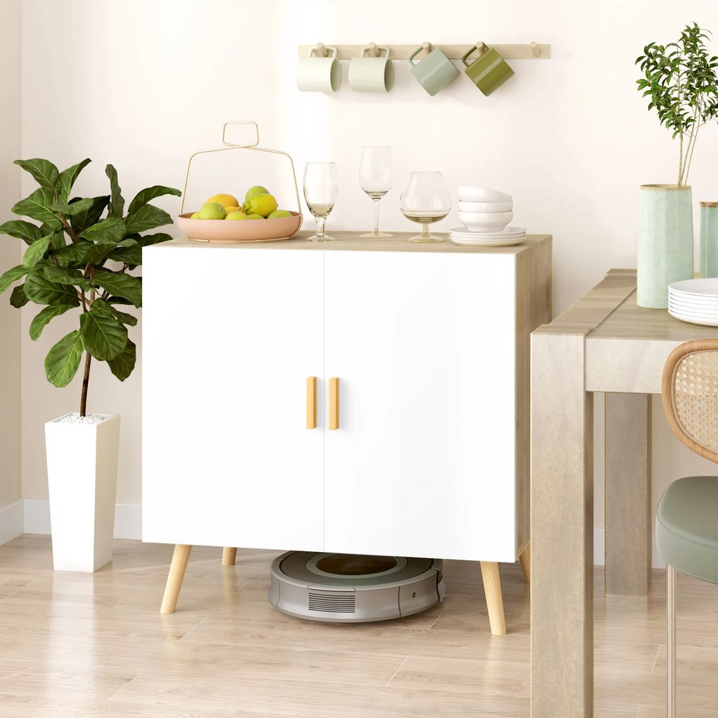 Aparador com puxadores de bambu, prateleira ajustável e base elevada – 76 x 41,2 x 74 cm, branco e cor madeira natural