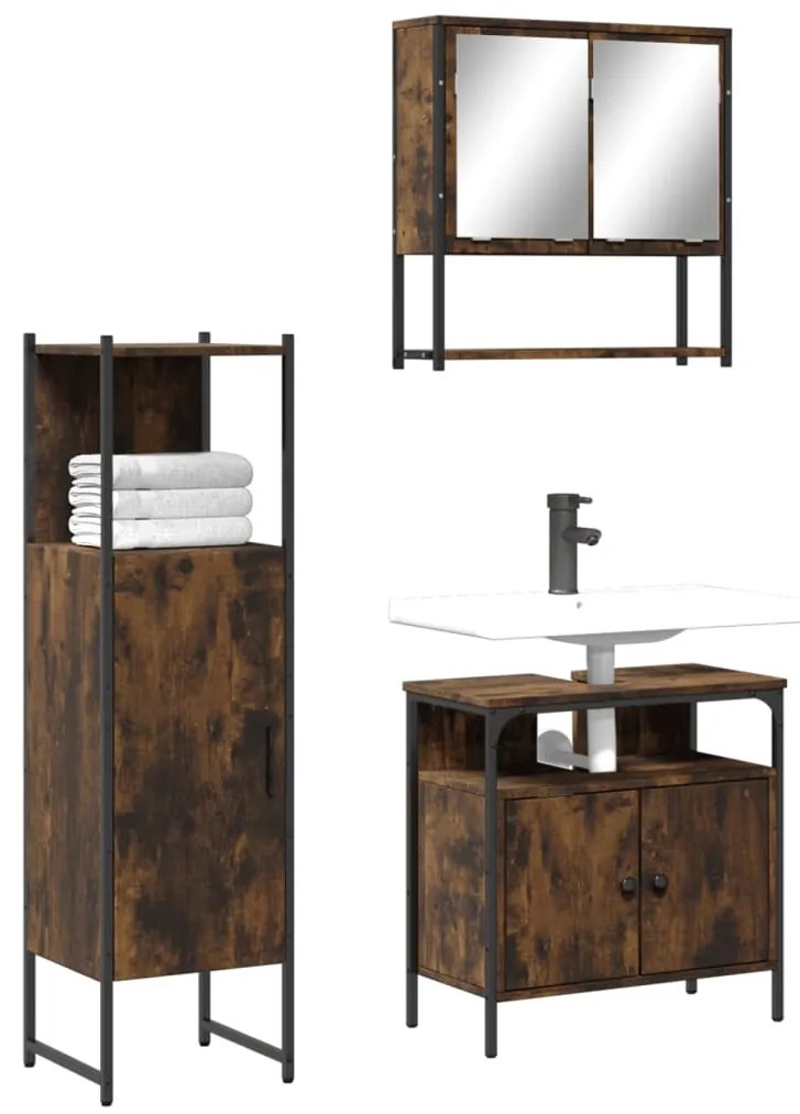 3 pcs conjunto de móveis WC madeira processada carvalho fumado