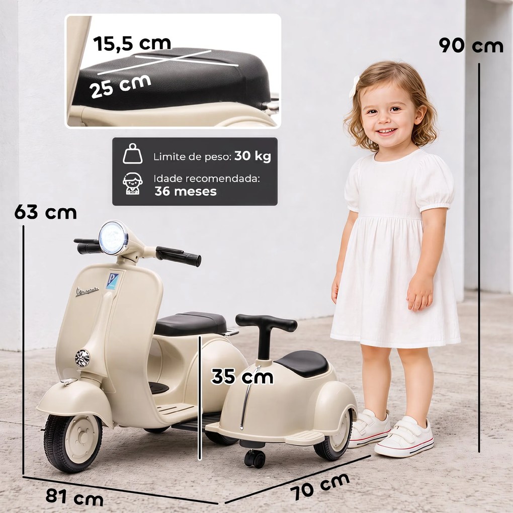 Mota Elétrica Infantil 6V VESPA com 2 Assentos Arranque Suave Luz Música USB e Arrumação Creme