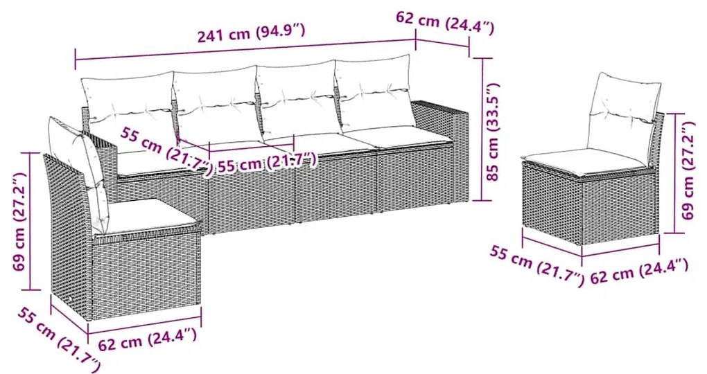6 pcs conjunto de sofás jardim c/ almofadões vime PE castanho