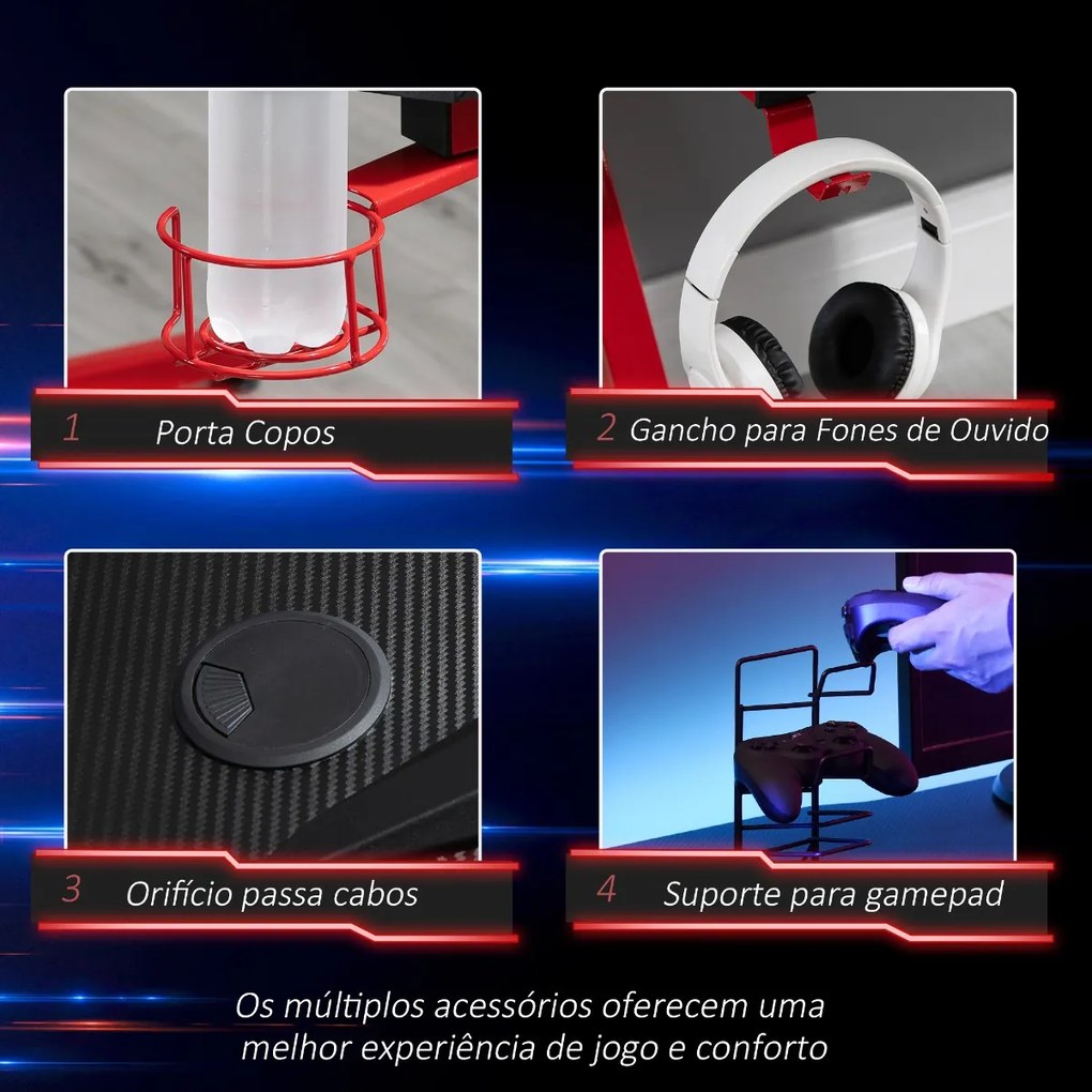 HOMCOM Secretária Gaming para Computador com Porta Copos Gancho para Fones de Ouvidos Suporte para Gamepad e 2 Orifícios Passa Cabos 122x66x76cm
