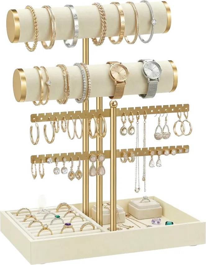 Porta-joias com suporte para anéis removível  15 x 22 x 29,2 cm Branco creme-dourado