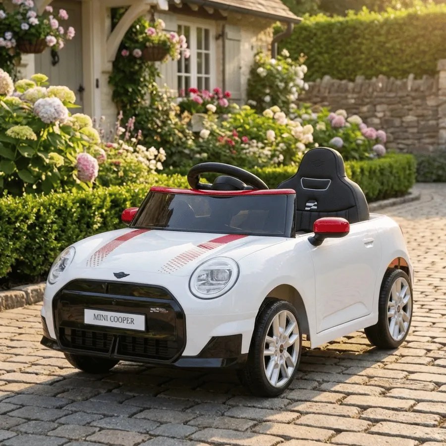 Carro elétrico para Crianças Mini Cooper 12V, Rodas Eva, Assento Couro ecológico Branco