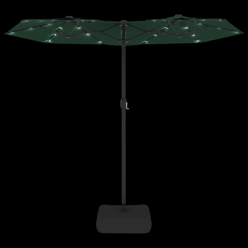 Guarda-sol de jardim c/ cabeça dupla/luzes LED 316x145 cm verde