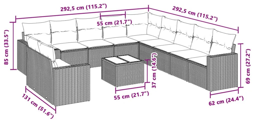12 pcs conj. sofás jardim com almofadões vime PE cinzento-claro