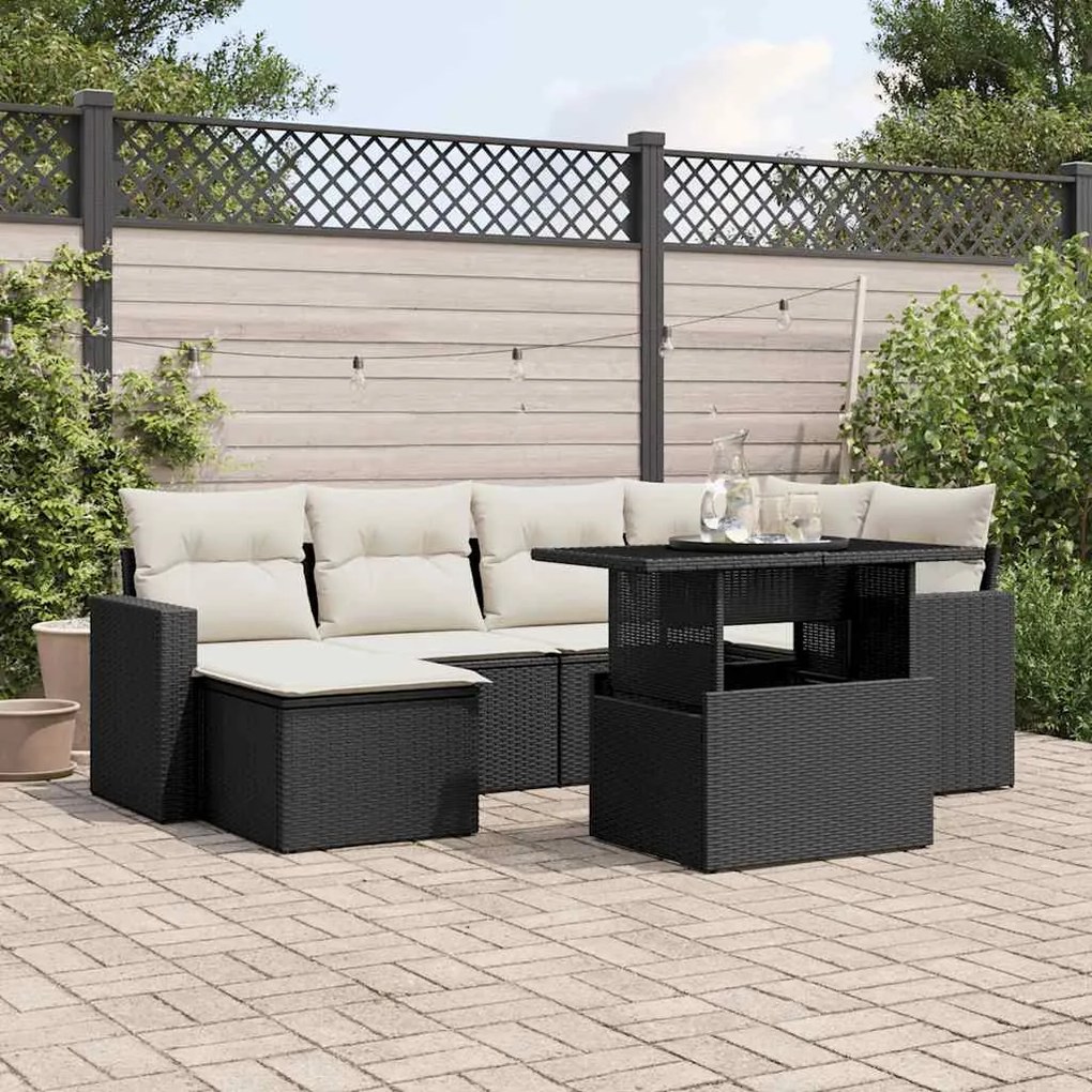 7 pcs conjunto de sofás p/ jardim c/ almofadões vime PE preto
