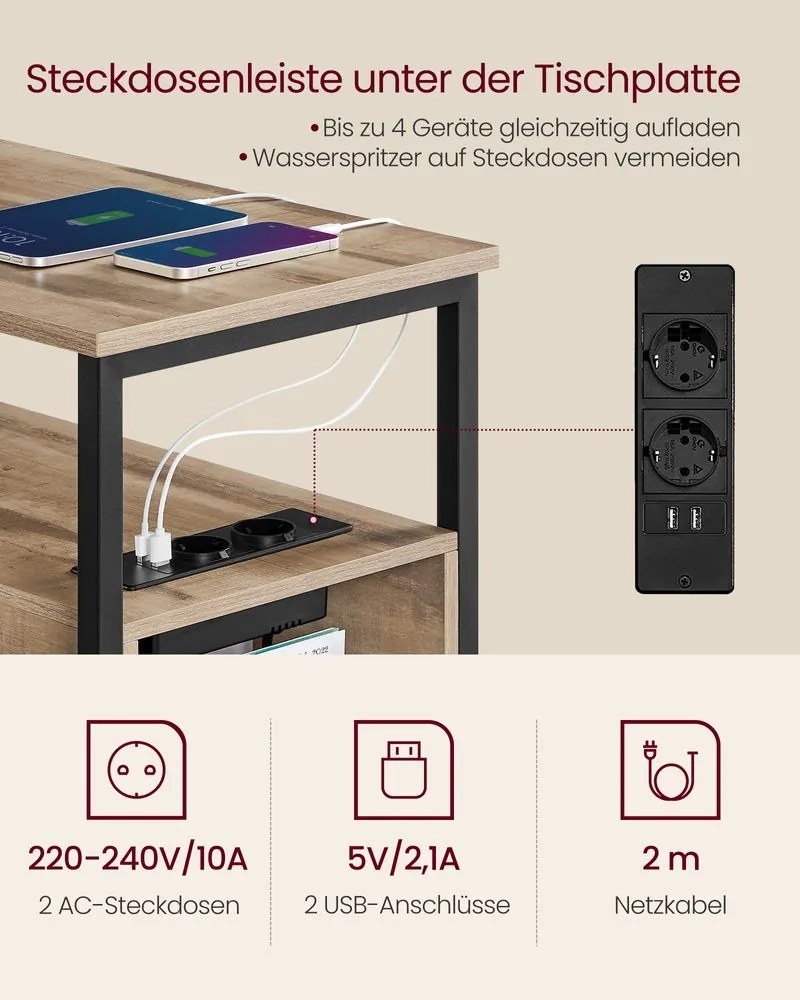 Mesa de apoio com 2 tomadas eléctricas 2 portas USB, 2 gavetas 60 x 35 x 61 cm castanho camelo-preto