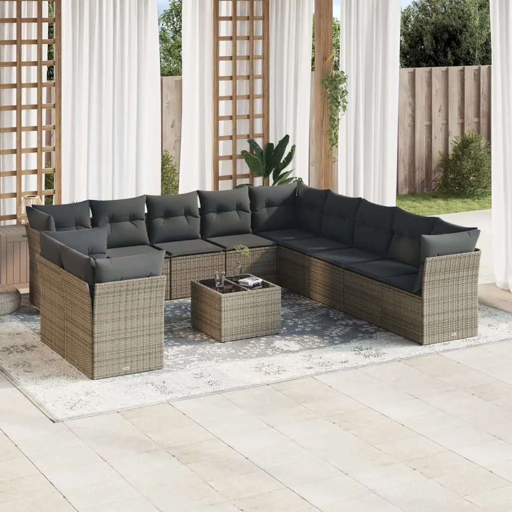 12 pcs conjunto de sofás jardim c/ almofadões vime PE cinzento